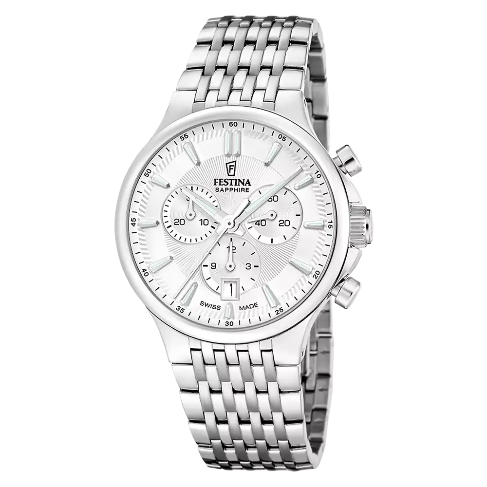 Festina Chronograph Herrenarmbanduhr mit silbernem Metallarmband und Zifferblatt