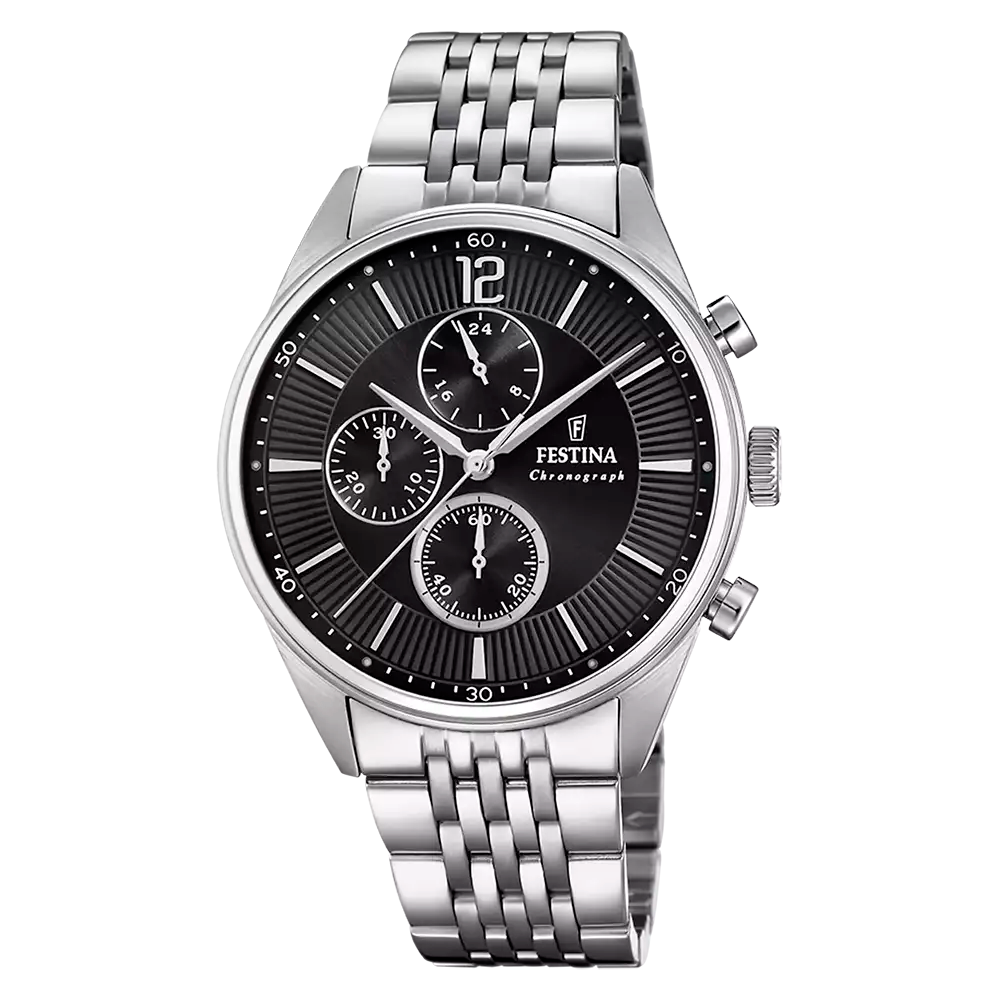 Festina Chronograph-Herrenuhr mit schwarzem Zifferblatt und Edelstahlarmband