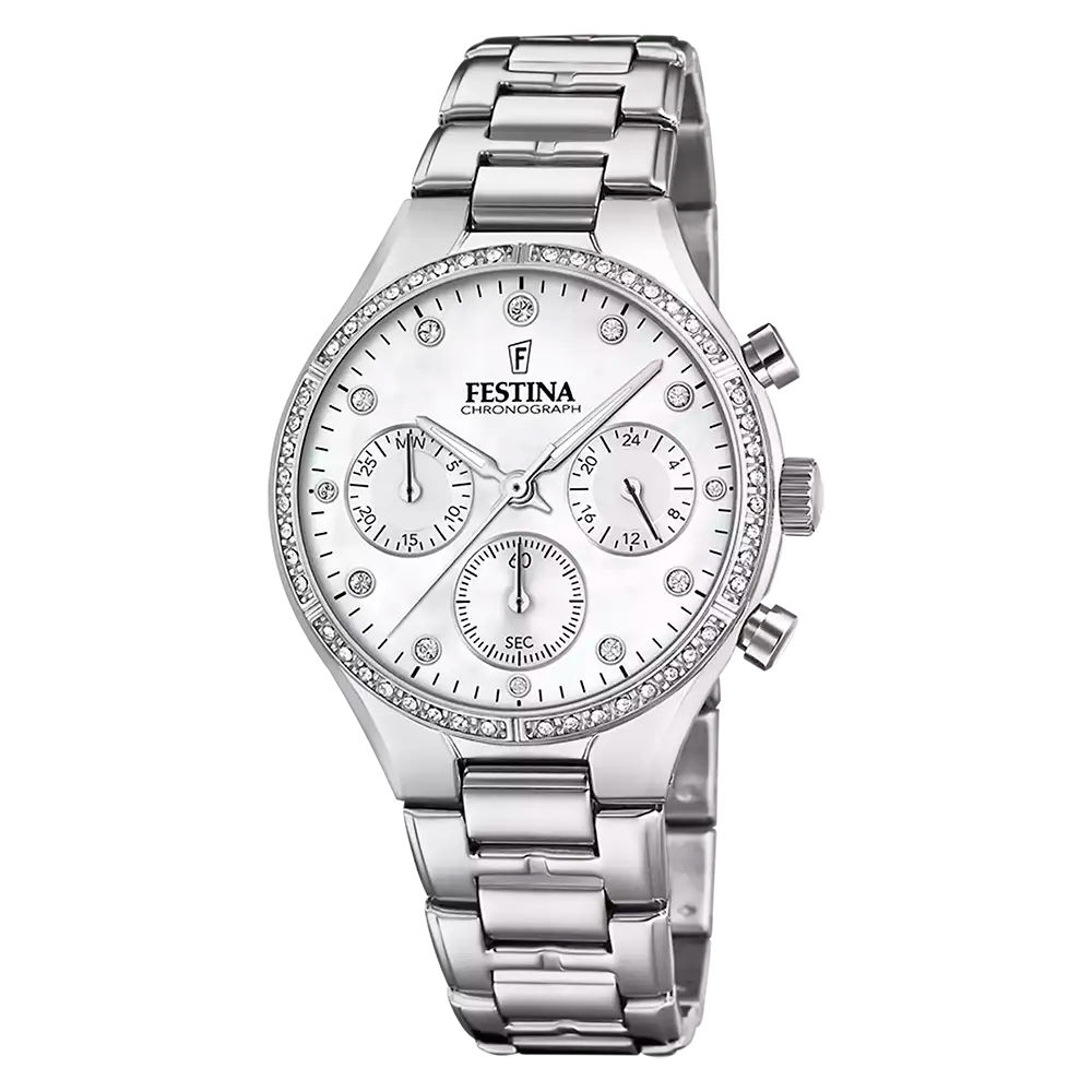 Festina Damenuhr-Chronograph mit silbernem Metallarmband und Zifferblatt