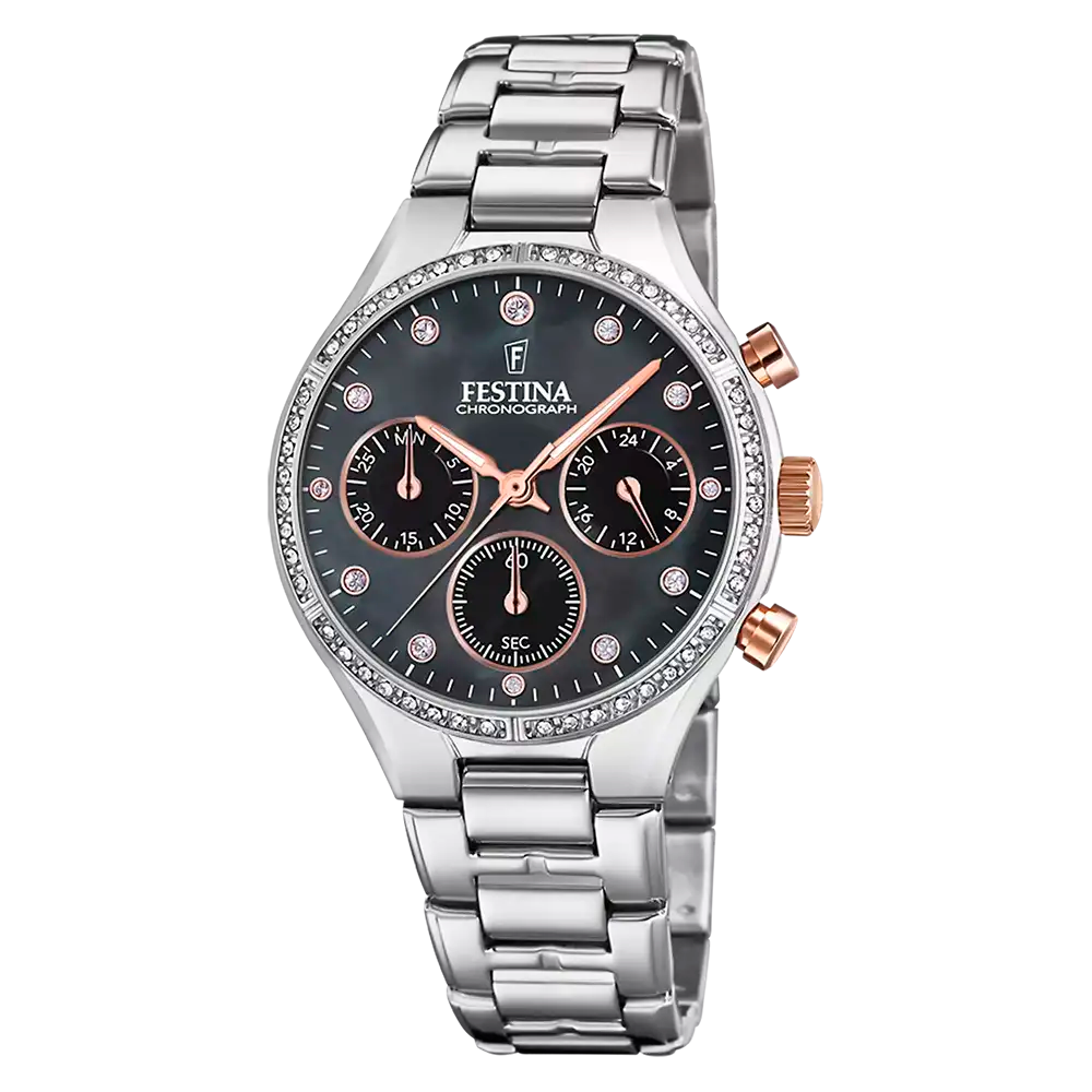 Chronograph-Armbanduhr mit Edelstahlarmband, Zirkonia-Lünette und schwarzem Zifferblatt