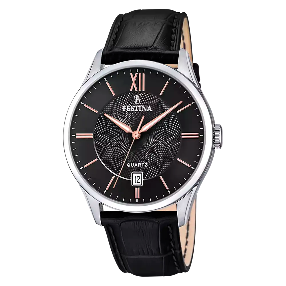 Festina Herrenuhr: schwarzes Zifferblatt, Lederarmband, Edelstahlgehäuse