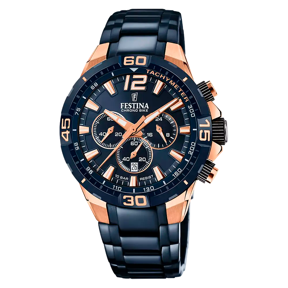 Festina Herrenuhr mit blauem Chronographenzifferblatt und kupferfarbenen Akzenten