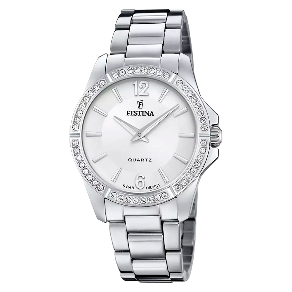 Festina Damenuhr mit Edelstahlband, weißem Zifferblatt und funkelnder Lünette