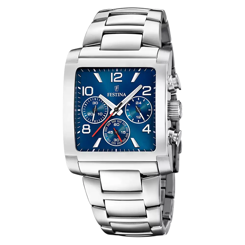 Herren-Chronograph mit silbernem Edelstahlband und blauem Zifferblatt