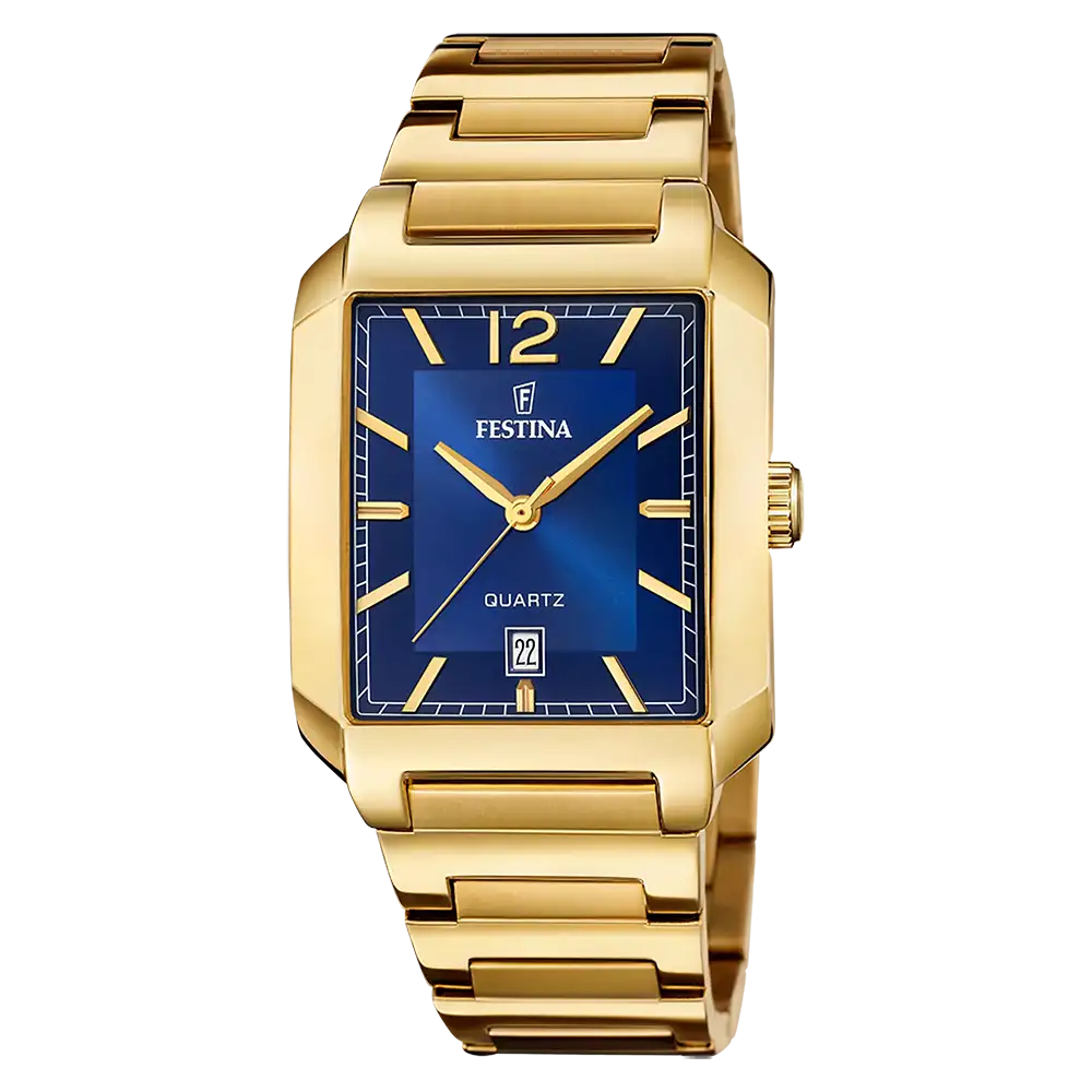 Herrenarmbanduhr mit goldenem Edelstahlarmband und blauem Zifferblatt, Datumsfenster