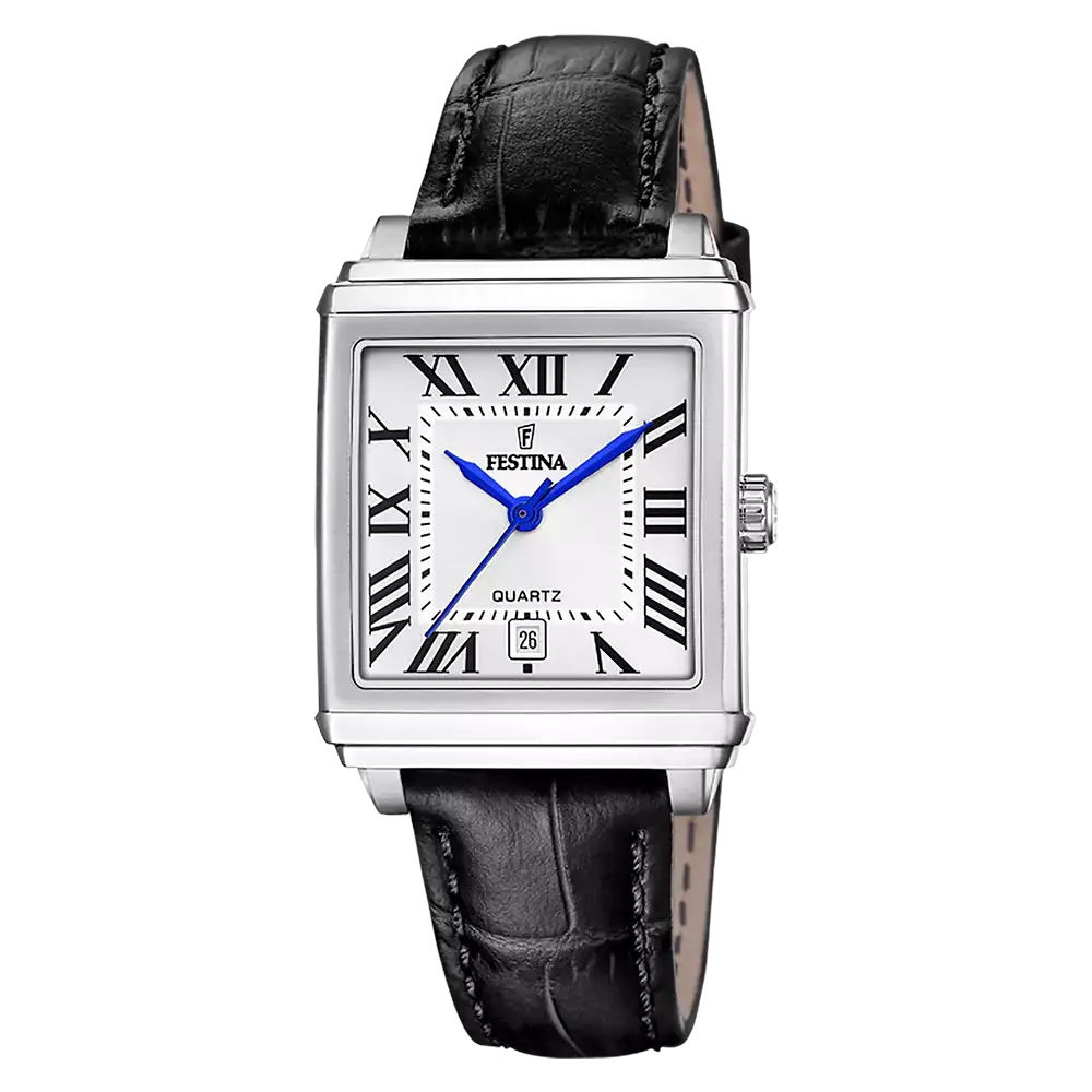Silberne Damenarmbanduhr mit schwarzem Lederband und blauem Zeiger