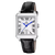 Silberne Damenarmbanduhr mit schwarzem Lederband und blauem Zeiger