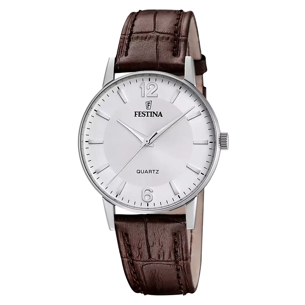 Festina Herrenuhr mit weißem Zifferblatt und braunem Lederarmband, rundes Gehäuse