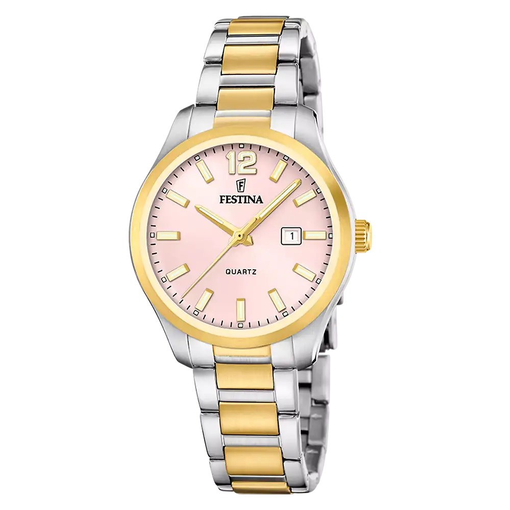 Bicolor-Damenarmbanduhr mit rundem rosa Zifferblatt und silber-goldenem Gliederarmband