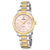 Bicolor-Damenarmbanduhr mit rundem rosa Zifferblatt und silber-goldenem Gliederarmband