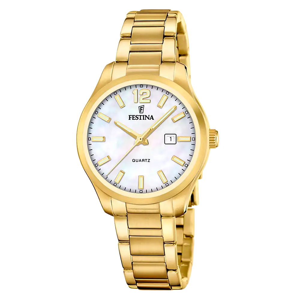 Festina Damenuhr mit goldfarbenem Metallband und weißem Perlmuttzifferblatt