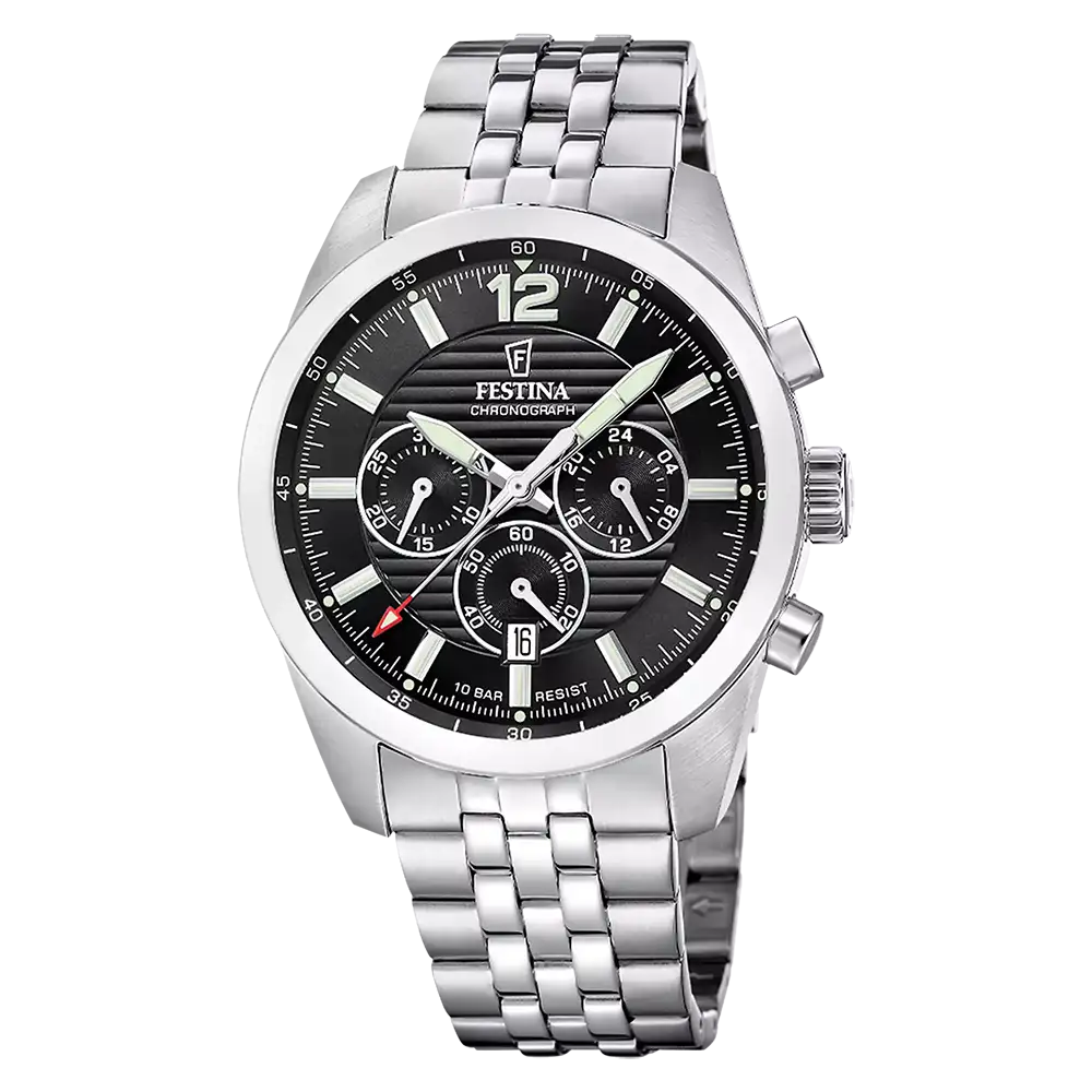 Festina Chronograph-Uhr mit Edelstahlband, schwarzem Zifferblatt und Mineralglas