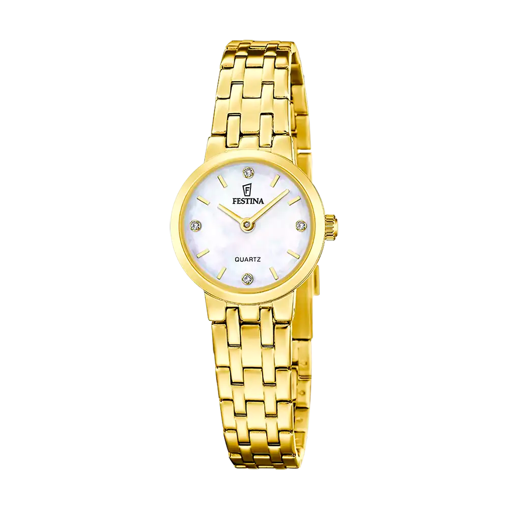 Damenarmbanduhr mit goldenem Edelstahlarmband und rundem weißem Zifferblatt