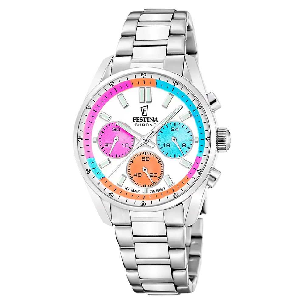 Festina Chronograph-Armbanduhr mit buntem Zifferblatt und silbernem Metallarmband