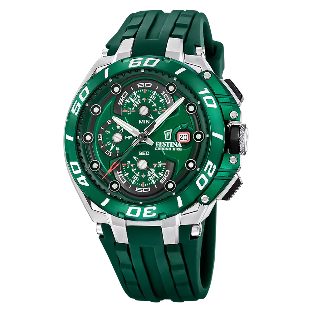 Herren-Armbanduhr Festina mit grünem Zifferblatt und Silikonband, Chronograph