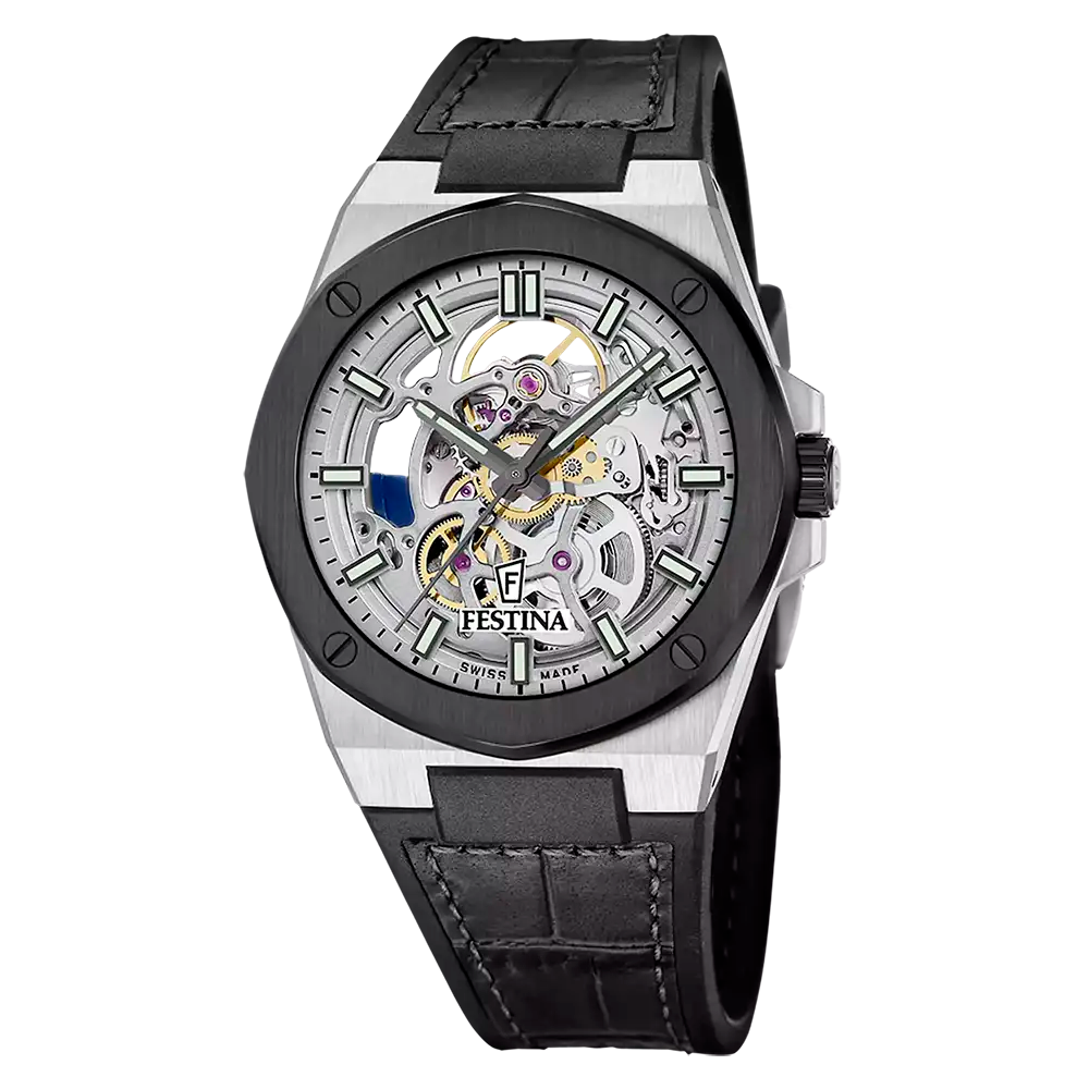 Festina Herrenarmbanduhr mit Skelettzifferblatt, Automatik, schwarzem Lederband und Edelstahlgehäuse