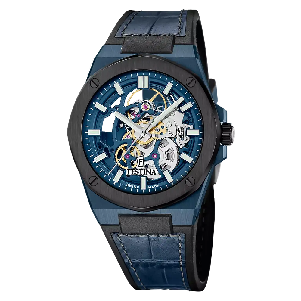 Herrenarmbanduhr mit blauem Skelettzifferblatt, silbernen Zeigern und Lederarmband