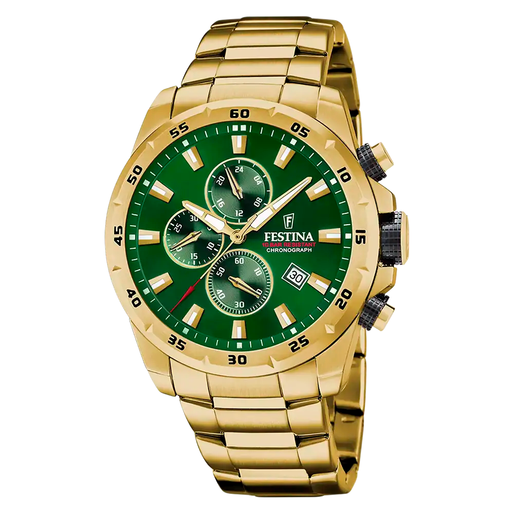 Festina Chronograph Herrenarmbanduhr mit grünem Zifferblatt und goldfarbenem Metallband