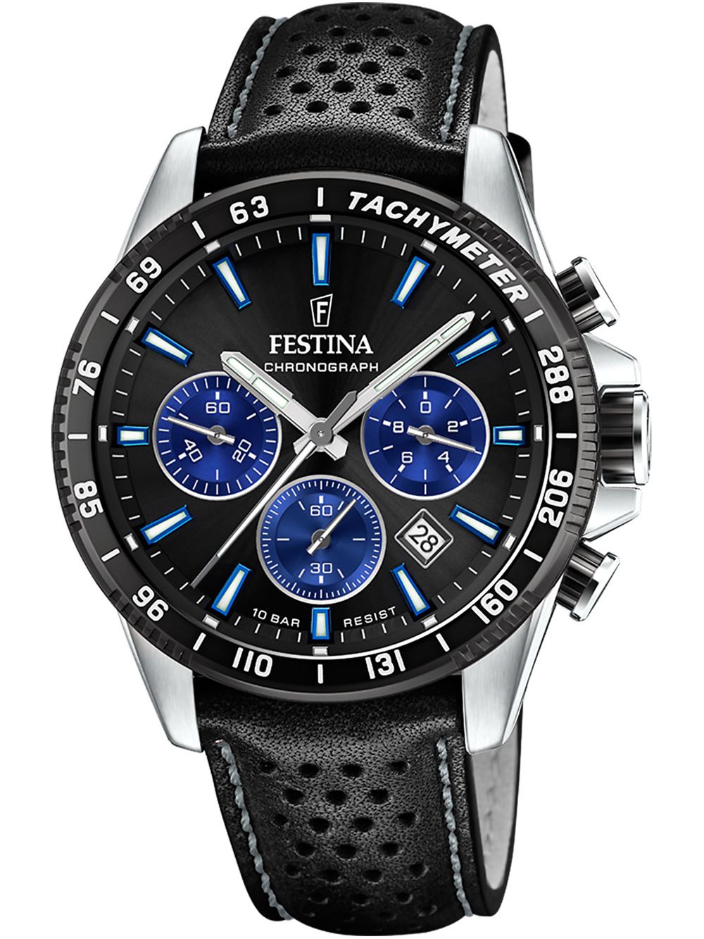 FESTINA Chronograph Herrenarmbanduhr mit schwarzem Zifferblatt und Lederband, blaue Zähler