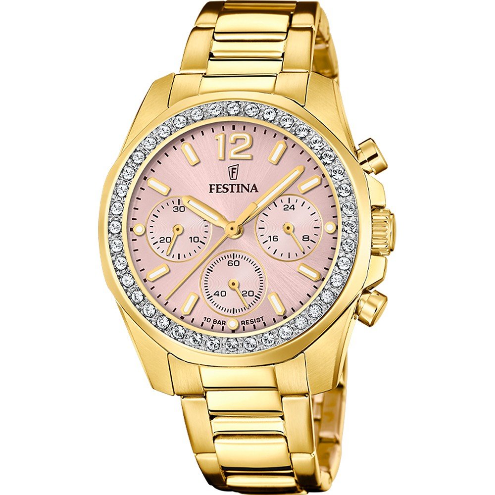 Festina Damenuhr mit rosafarbenem Zifferblatt, Edelstahlband und Chronograph-Subzifferblättern