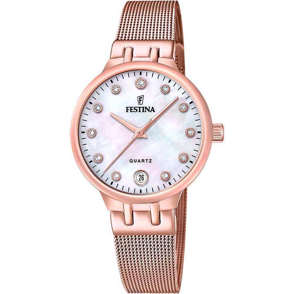 Festina Damen-Armbanduhr, Roségold-Milanaiseband, rundes Gehäuse, weißes Zifferblatt