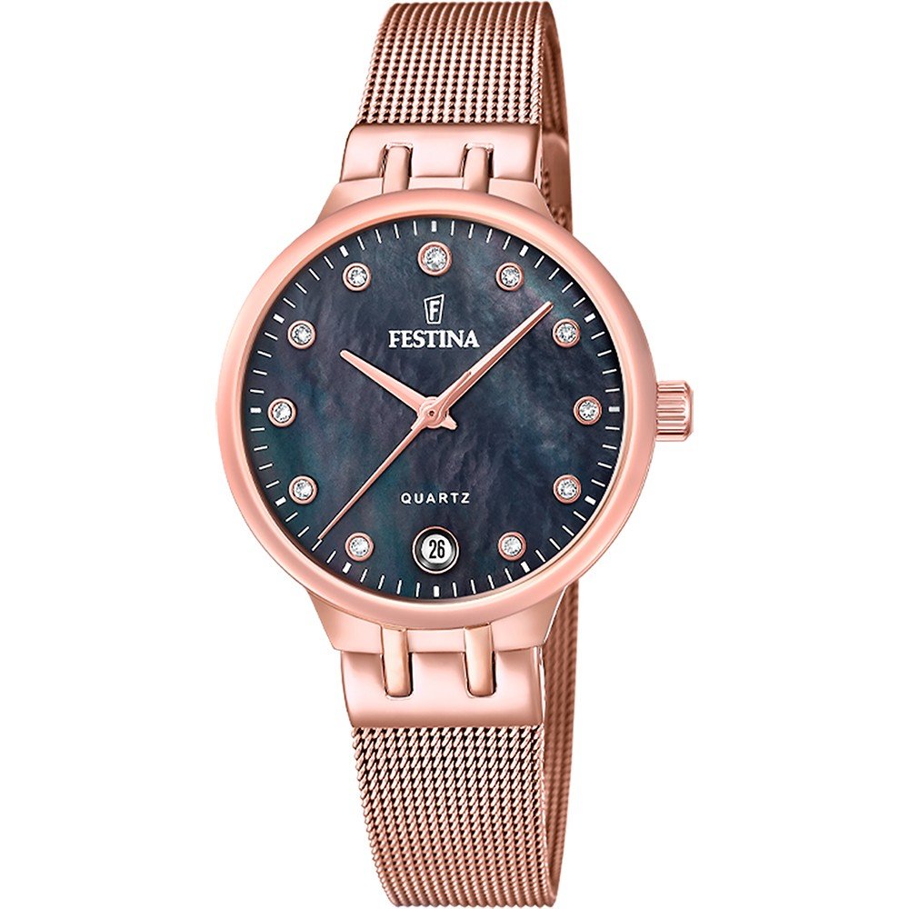 Festina Mademoiselle Damenarmbanduhr roségold mit Milanaiseband, schwarzem Zifferblatt, Datumsfenster