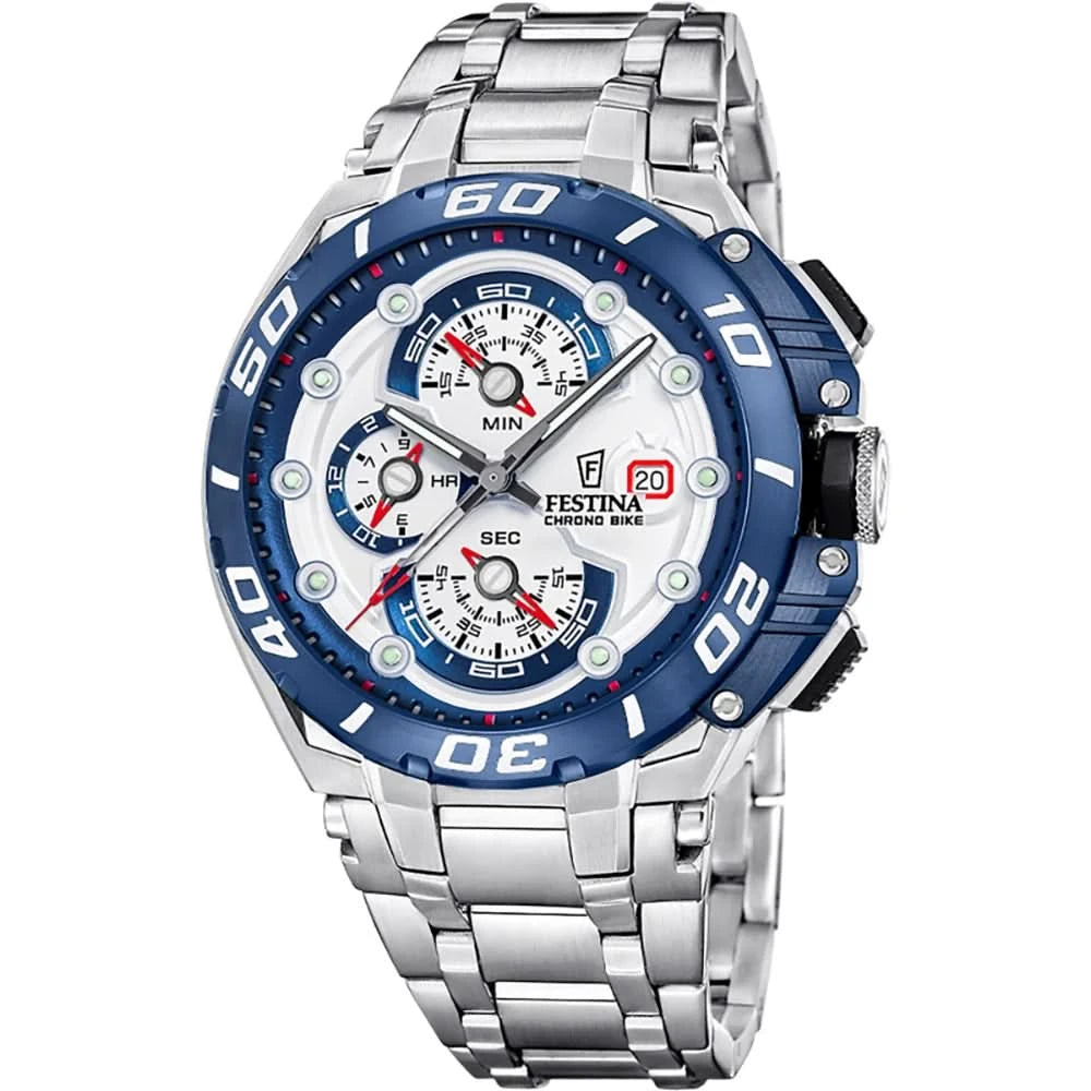 Festina Chronographe pour homme avec cadran bleu et bracelet en acier inoxydable