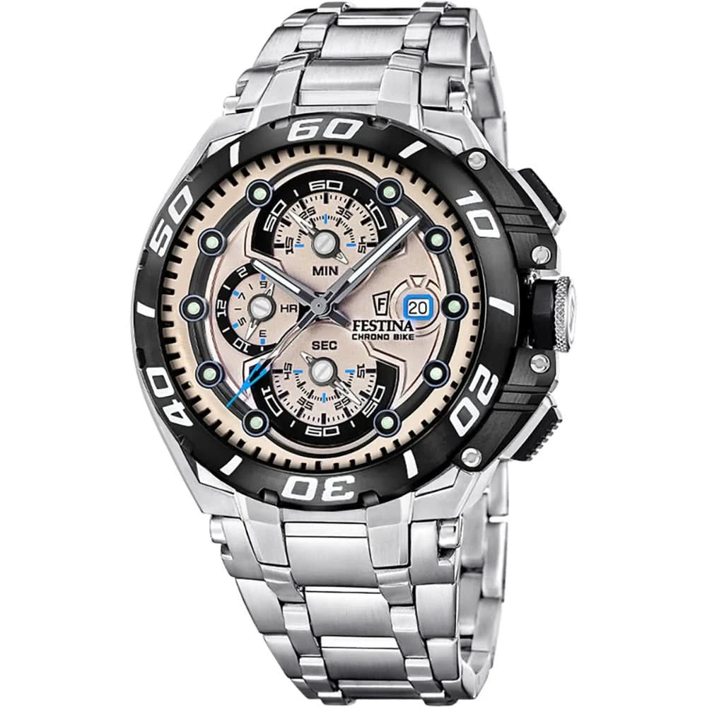 Montre Festina Chrono-Bike pour homme en acier inoxydable avec cadran noir et affichages chronographes