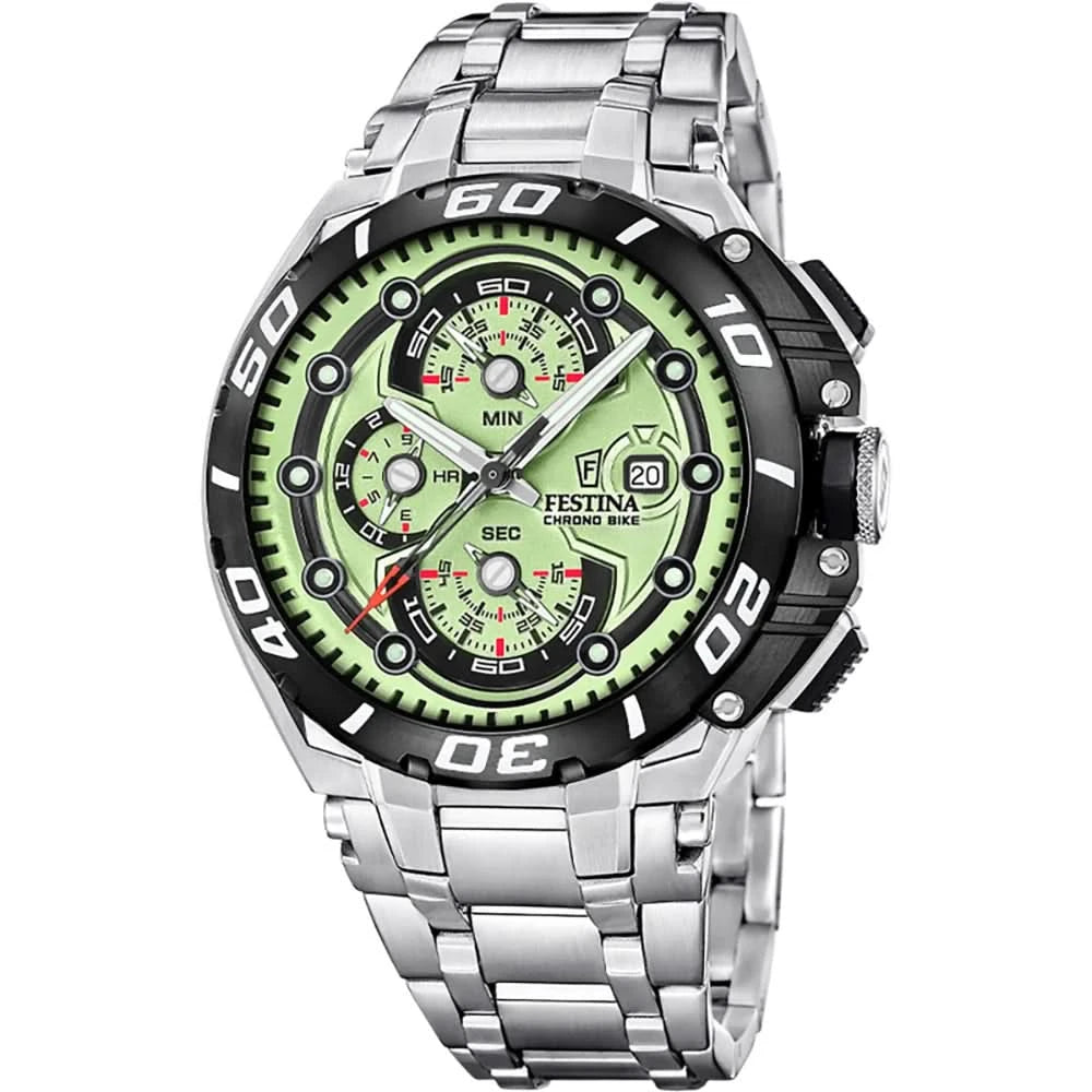 Montre homme en acier inoxydable avec cadran chronographe vert et lunette noire