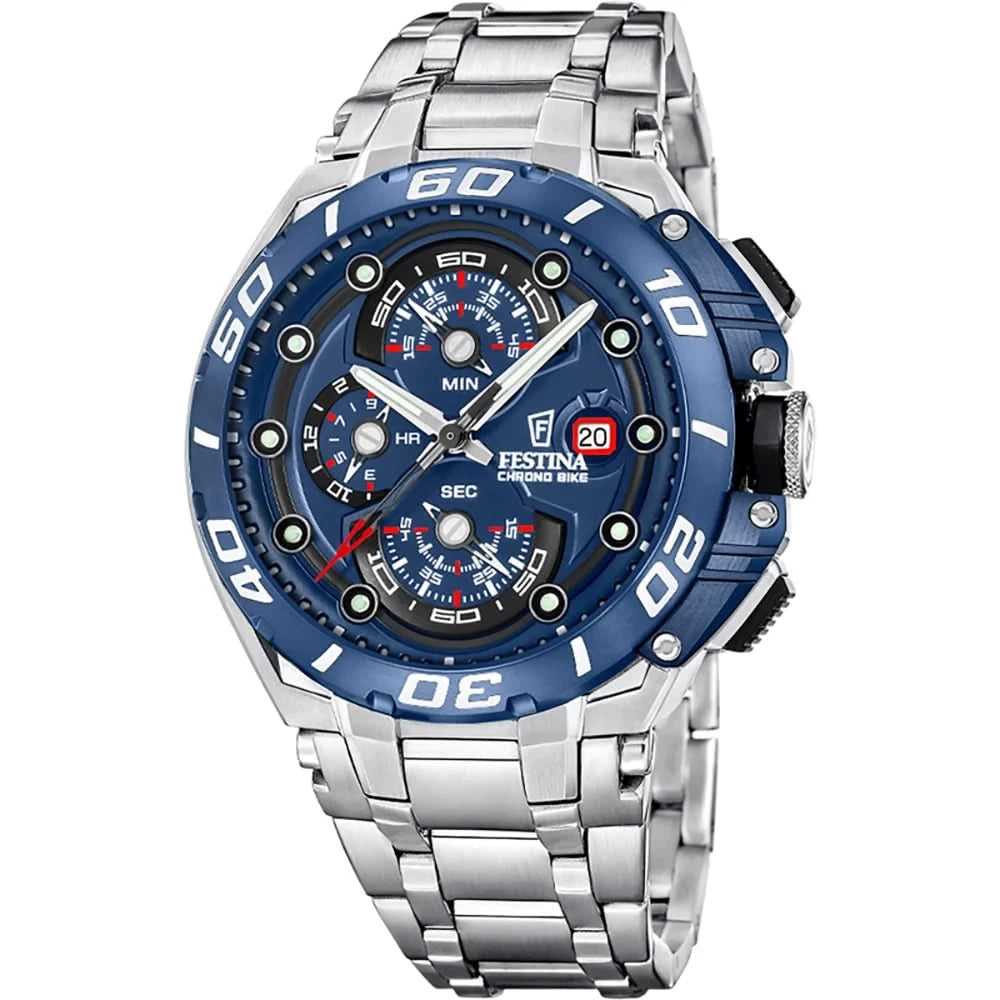 Montre chronographe Festina Bike pour homme avec cadran bleu et bracelet en métal argenté