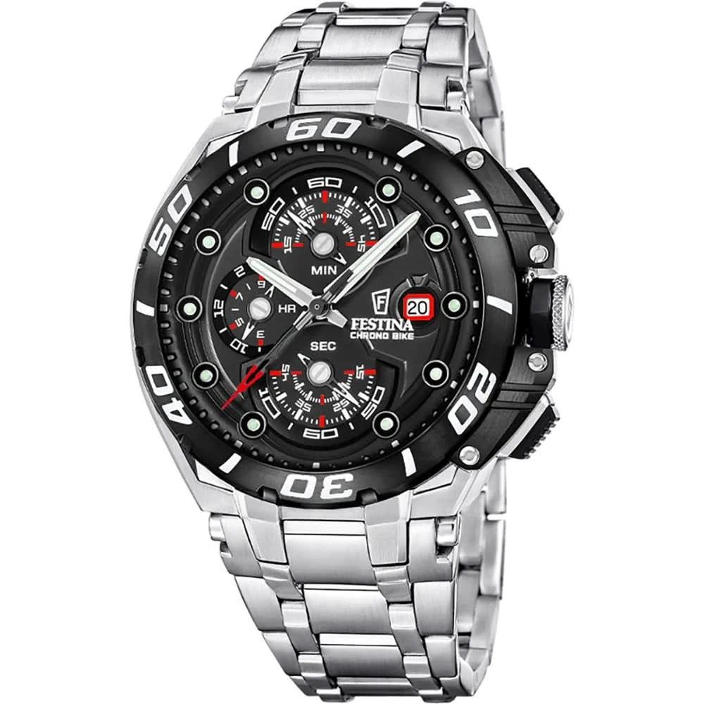 Montre Festina Chrono Bike pour homme avec cadran noir et bracelet en métal argenté