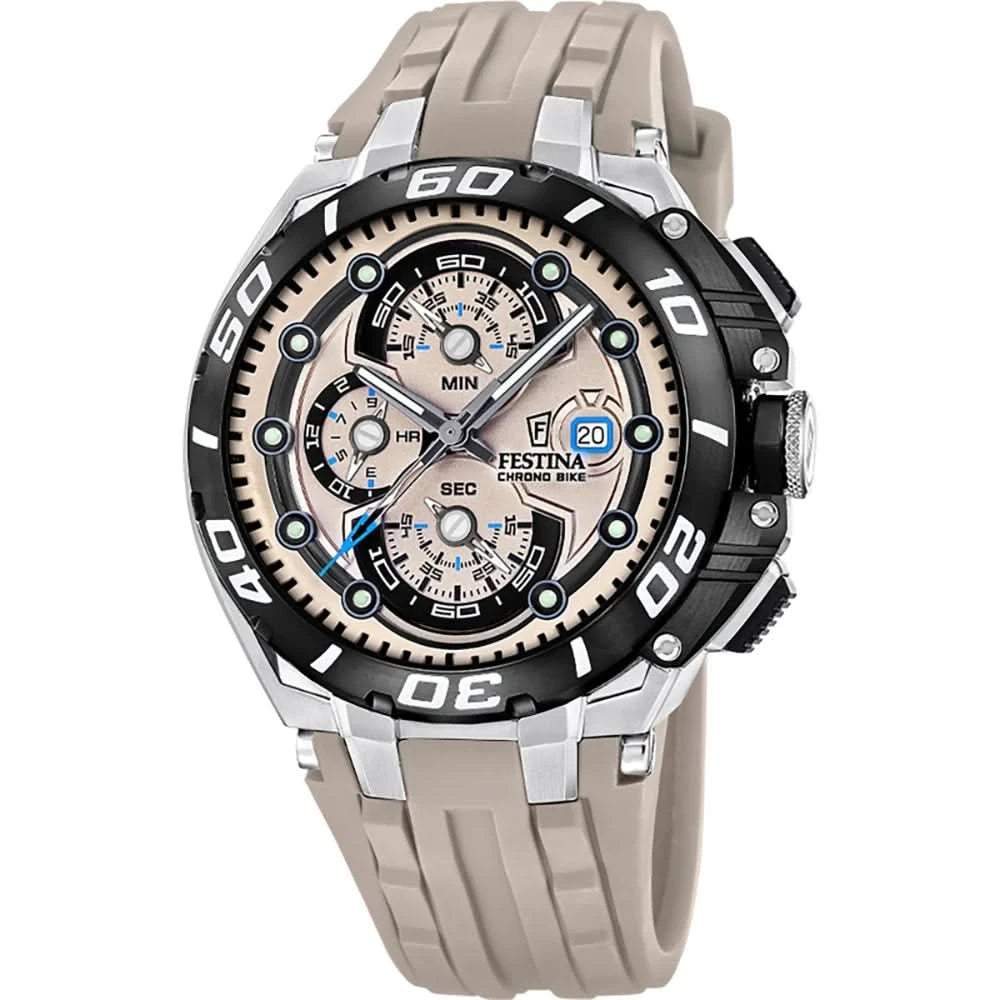 Chronographe Festina pour homme avec cadran noir, lunette de plongée/sport et bracelet en silicone beige