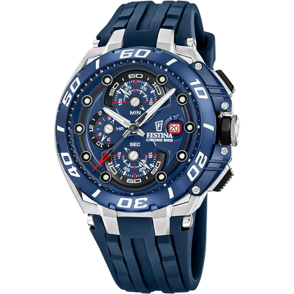Montre homme avec cadran bleu, détails chronographe et bracelet en caoutchouc bleu foncé