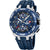 Montre homme avec cadran bleu, détails chronographe et bracelet en caoutchouc bleu foncé