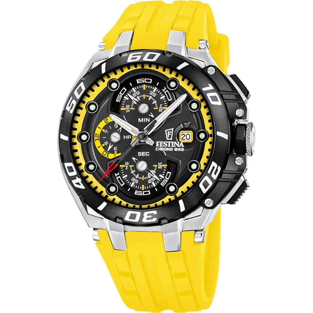 Chronographe pour homme avec cadran noir, bracelet en silicone jaune et boîtier en métal