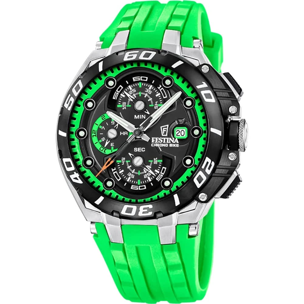Montre chronographe Festina pour homme avec bracelet en silicone vert, cadran noir