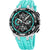 Montre homme avec cadran chronographe, bracelet en silicone turquoise, lunette noire