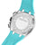 Vue arrière de la montre homme : bracelet en silicone turquoise, fond en acier inoxydable avec inscription Festina