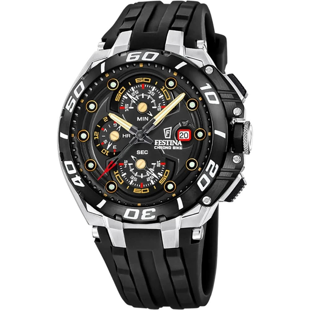Montre homme avec cadran noir, sous-cadrans chronographes et bracelet noir.
