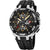 Montre homme avec cadran noir, sous-cadrans chronographes et bracelet noir.