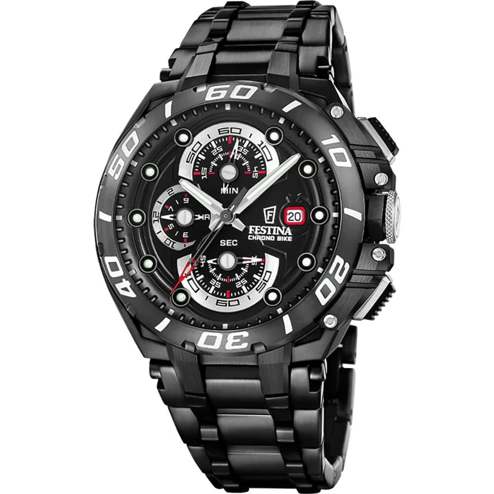 Chronographe Festina pour homme : cadran noir, détails rouges, bracelet en métal noir