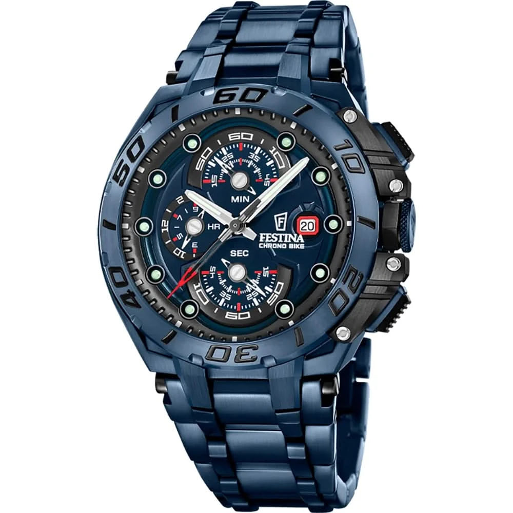 Montre homme avec cadran bleu et bracelet en métal bleu, chronographe