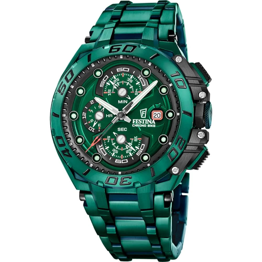 Chronographe de sport pour homme : cadran vert et bracelet en métal vert.