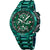 Chronographe de sport pour homme : cadran vert et bracelet en métal vert.
