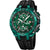 Chronographe de sport pour homme avec cadran vert, boîtier vert et bracelet noir.