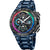Montre homme avec bracelet bleu et lunette noire, chronographe, cadran multicolore