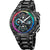 Montre homme : bracelet métallique noir, boîtier rond, cadran chrono multicolore