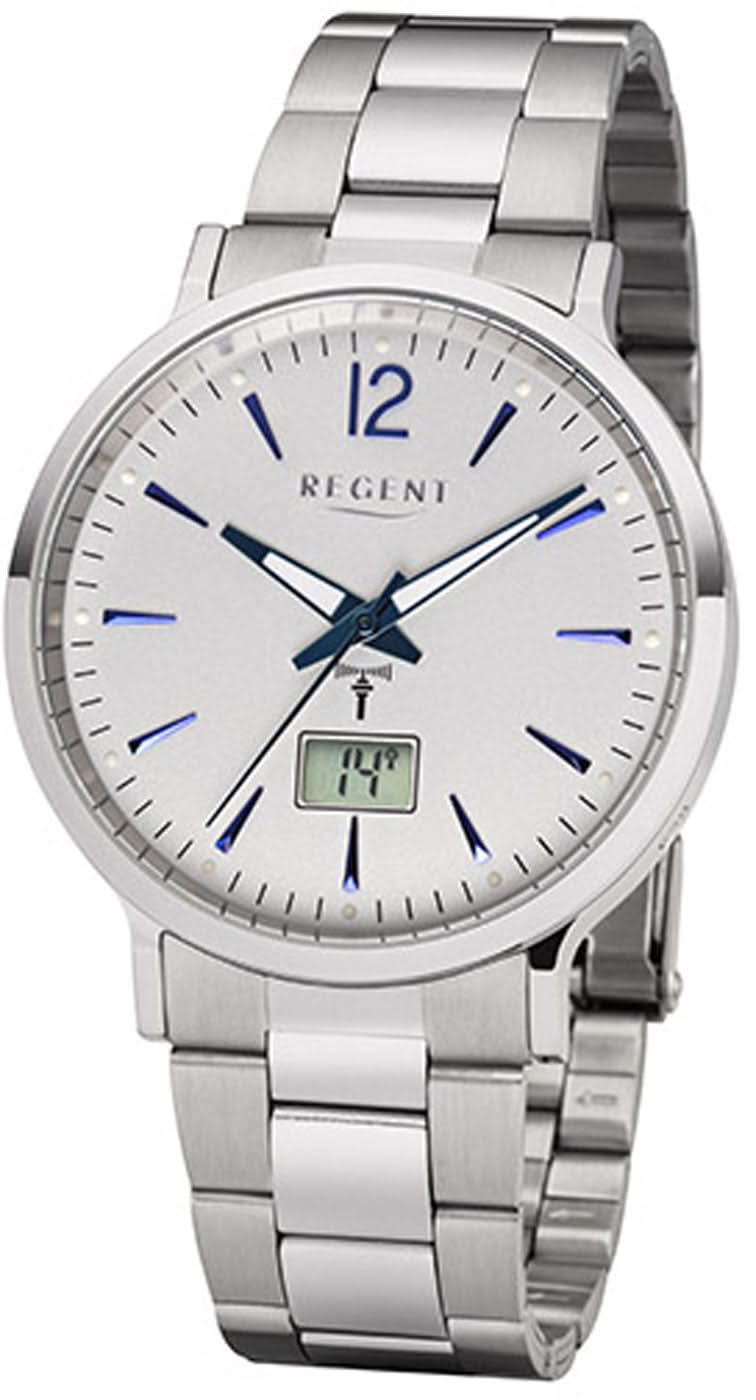 Montre Regent pour homme avec bracelet en métal argenté, cadran blanc, aiguilles bleues et affichage de la date