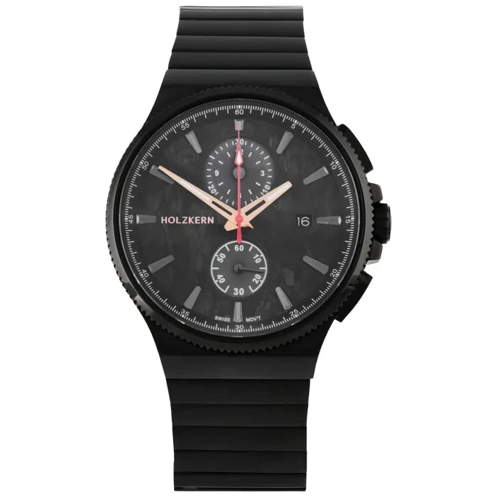 Dunkle Armbanduhr mit schwarzem Zifferblatt, drei Chrono-Subdials und geriffelter Lünette