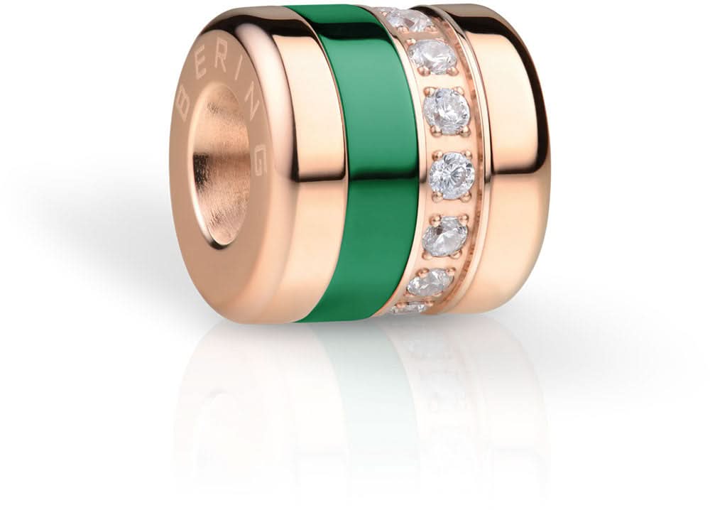 Charme en acier inoxydable avec insert vert, bords plaqués or rose et pierres